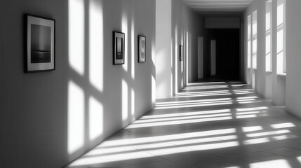 Poster - A serene corridor in a modern gallery showcasing framed art, with light casting shadows