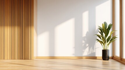 Poster - Bright and airy interior space featuring a tall plant in a minimalist wooden room with shadows