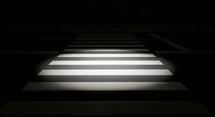 Poster - A stark contrast of light and darkness highlighting a pedestrian crossing at night emphasizing safety