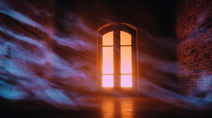 Poster - Mysterious glow emanating from a window in a dimly lit brick room with swirling smoke