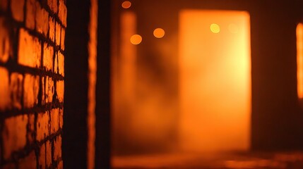 Poster - Warm glow of illuminated brick wall in a foggy corridor with open doors, creating a mysterious atmosphere