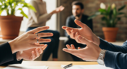 Poster - Close-up of hands gesturing during a meeting, blurred background shows colleagues, suggesting active discussion and collaboration in a business setting