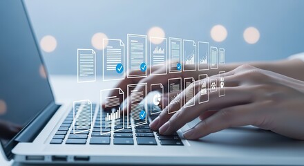 Fototapete - Hands typing on a laptop with digital document icons and charts appearing in a virtual interface