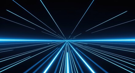 Fototapete - Abstract blue light streaks converge towards a bright horizon against a dark background