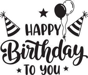 Fototapete - Vector art of happy birthday to you with balloons and party hats