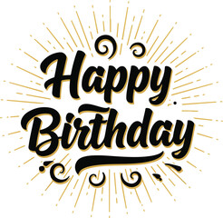 Fototapete - Vector art of bold black and gold happy birthday lettering with rays