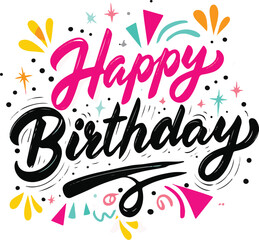 Fototapete - Vector art of happy birthday calligraphy with colorful festive elements and stars
