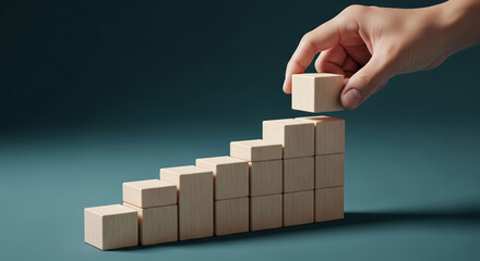 Poster - Hand placing wooden cube on staircase structure, symbolizing growth, progress, and achievement, ideal for business or success concepts