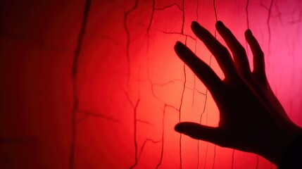 Poster - Silhouette of a Hand Against a Textured Red Wall, Creating a Mysterious Atmosphere