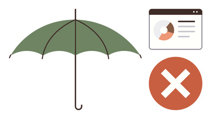 Poster - Green umbrella symbolizing protection, pie chart for analytics with error icon indicating alert. Ideal for risk management, data security, decision-making, disaster prevention, caution