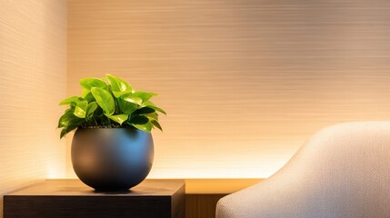 Poster - A serene indoor scene featuring a lush green plant in a modern pot beside a stylish chair