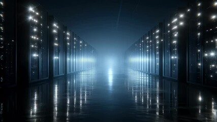 Aufkleber - An atmospheric image of a dimly lit data center filled with rows of server racks. The glowing lights of the devices create a futuristic ambiance symbolizing the backbone of cloud computing