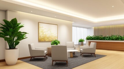Poster - Modern office lobby with comfortable seating, decorative plants, and welcoming ambiance
