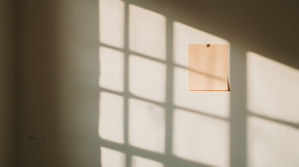 Aufkleber - A square peach paper is pinned on a textured wall, bathed in warm sunlight filtered through a window casting shadows, creating an inviting minimalistic scene.