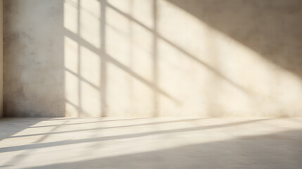 Aufkleber - Sunlit Interior: Abstract play of light and shadow dancing across a textured wall and floor in an empty room, creating a serene and minimalist scene.
