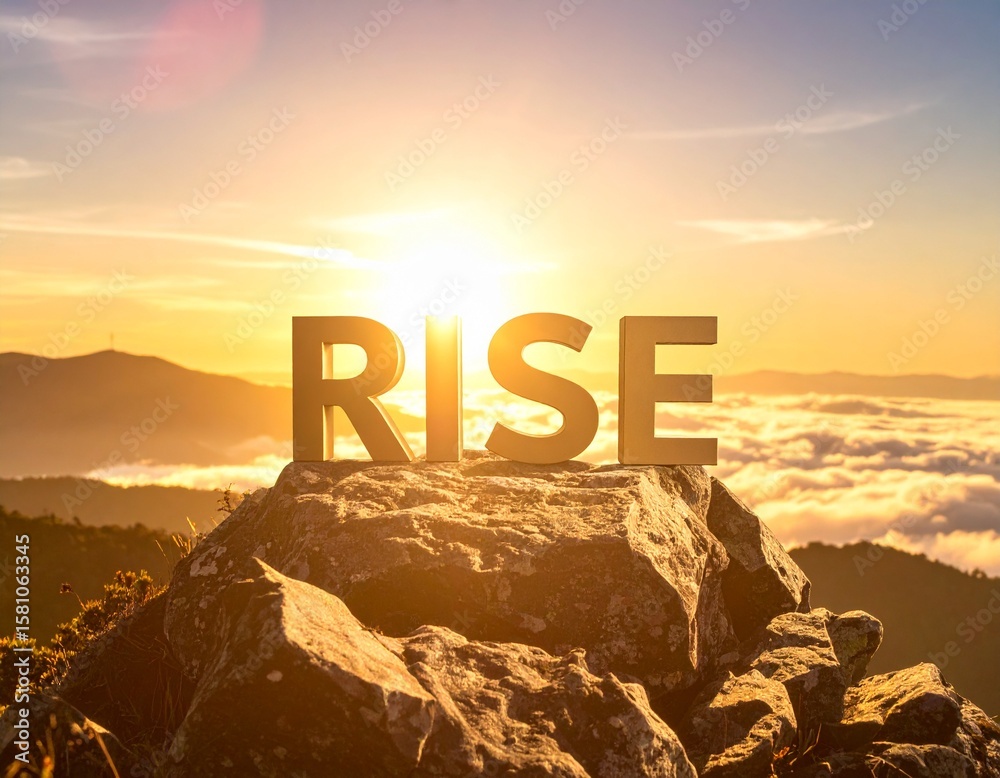 Word Rise In Script Word “RISE” in bold letters on mountain peak at sunrise — 3D ...