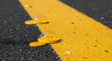 Poster - Abstract Asphalt Road Surface With Reflective Yellow Traffic Paint And Water Droplets
