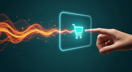 Aufkleber - Hand interacts with glowing teal shopping cart icon, orange energy waves flow towards it, suggesting seamless online purchasing experience