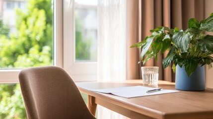 Poster - Cozy workspace with a wooden desk, chair, glass of water, and a potted plant by the window