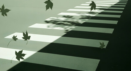 Poster - Abstract autumn concept showcasing falling leaves on a zebra crossing pattern casting tree shadows creating urban serenity
