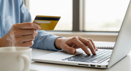 Poster - Close-up of hand holding credit card, fingers typing on laptop keyboard, showcasing online shopping, payment, or e-commerce concept
