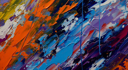 Aufkleber - Vibrant blue, orange, purple paint texture with thick brushstrokes creating an abstract artwork, showcasing energy and movement, ideal for modern design