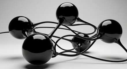 Poster - Abstract image of glossy black spheres interconnected by sleek, curved lines creating a complex, interwoven structure, symbolizing connection, network, or modern design