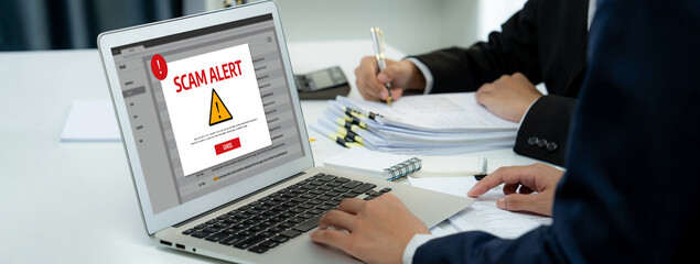 Poster - Cyber security software show alert of cyber attack for protection brisk. Danger from virus, phishing and cyber fraud.