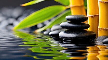 Poster - Tranquil Zen Garden with Stacked Stones and Bamboo Near Calm Water Reflection
