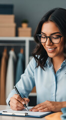 Poster - Smiling woman in glasses writing on clipboard, showcasing business, work, and professionalism.  Image ideal for blog, website, or marketing