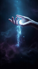 Poster - Hand gently holding glowing blue particles, creating a magical, ethereal effect against a dark background, symbolizing creation, power, or spirituality
