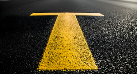 Poster - Abstract close-up of a bright yellow capital 'T' painted on rough asphalt road surface