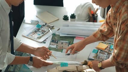 Poster - Smart architect or civil engineer writing building structure idea on note and stick on blueprint. Aerial view of manager working together with diverse colleague and show house plan. Alimentation.