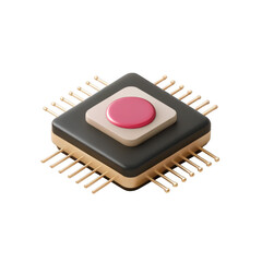 Poster - Modern 3d stylized computer microchip processor with gold pins and a pink circular element isolated on transparent background