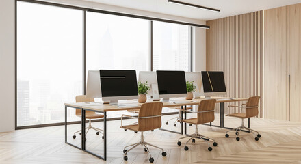 Poster - Modern office interior with wooden desks, chairs, and wall panels near large windows showing cityscape, showcasing a sleek and efficient workspace design