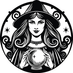 Leinwandbilder - A black and white drawing of a witch with a ha