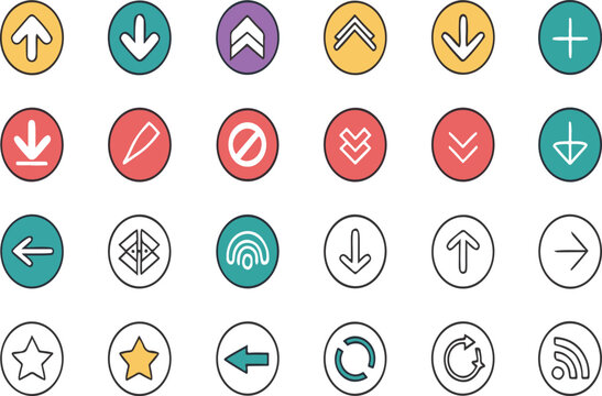 Colorful set of round ui icon illustrations including arrows star and other useful symbols