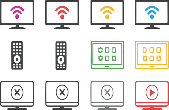 Set of illustrated television icons, wi-fi signals, remote controls, and media controls