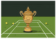 © Vector Holiday - golden Wimbledon doubles trophy sits on a green tennis court surrounded by tennis balls A clean modern illustration evokes victory and sporting achievement