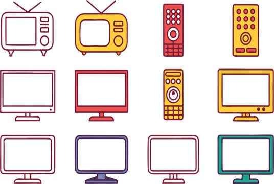 Collection of illustrated television screens and remote controls in vibrant colors for design concepts