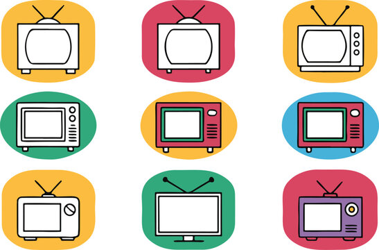 Colorful cartoon tv icons illustrating various retro televisions with outlined minimalist style