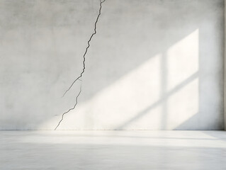 Aufkleber - Cracked wall in empty room with sunlight. Minimalist interior with texture and shadow play, suggesting age and simplicity.