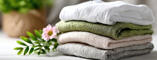 Poster - Beige and grey linen fabrics are neatly stacked with a delicate flower arrangement nearby, illuminated by soft white studio lighting