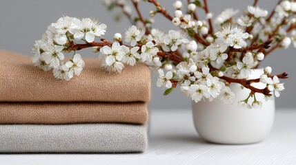 Poster - Beige and grey linen fabrics are neatly stacked with a delicate flower arrangement nearby, illuminated by soft white studio lighting