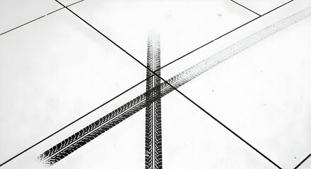 Poster - Abstract monochrome top-down view of tire tracks on a white tiled surface creating dynamic patterns