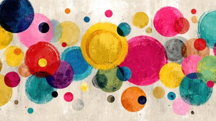 Poster - Brightly colored circles in hues of blue, red, yellow, pink, and green create a lively abstract design. The artwork displays a dynamic arrangement on a textured, neutral backdrop.