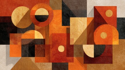 Poster - This artwork showcases an arrangement of geometric shapes in warm hues of orange, brown, and cream, creating a striking abstract composition that captivates the viewer's attention.