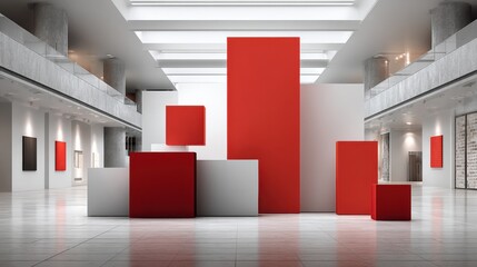 Poster - Bright, contemporary art installation showcases various geometric shapes in red and white displayed in a modern gallery.