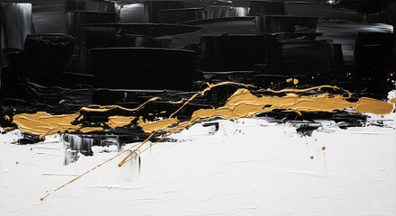Aufkleber - Abstract art showcasing black, white, and gold paint texture strokes.  The interplay of colors and textures suggests movement and contrasts, ideal for modern interior design