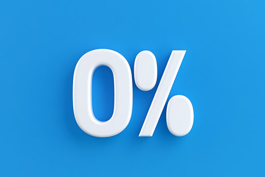 Zero Percent. White 3D characters against a clear blue background, symbolizing an offer or rate. Simple, clean design.